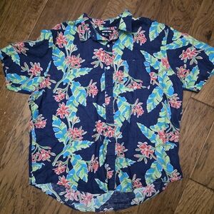 Lands' End Navy Floral Short Sleeve Shirt Linen